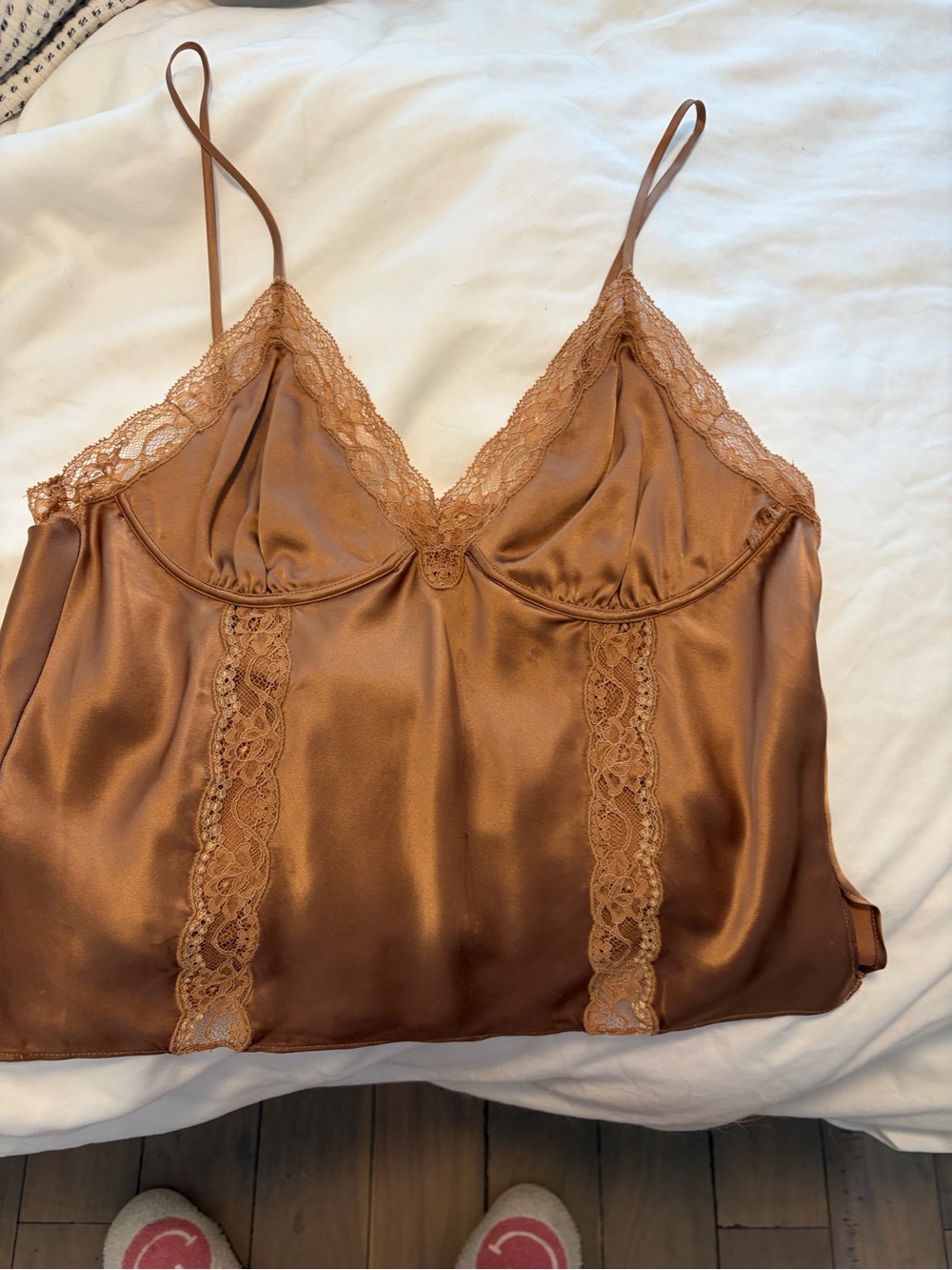 Satin Lace Trim Chemise Cami in Copper Brown-Cami NYC